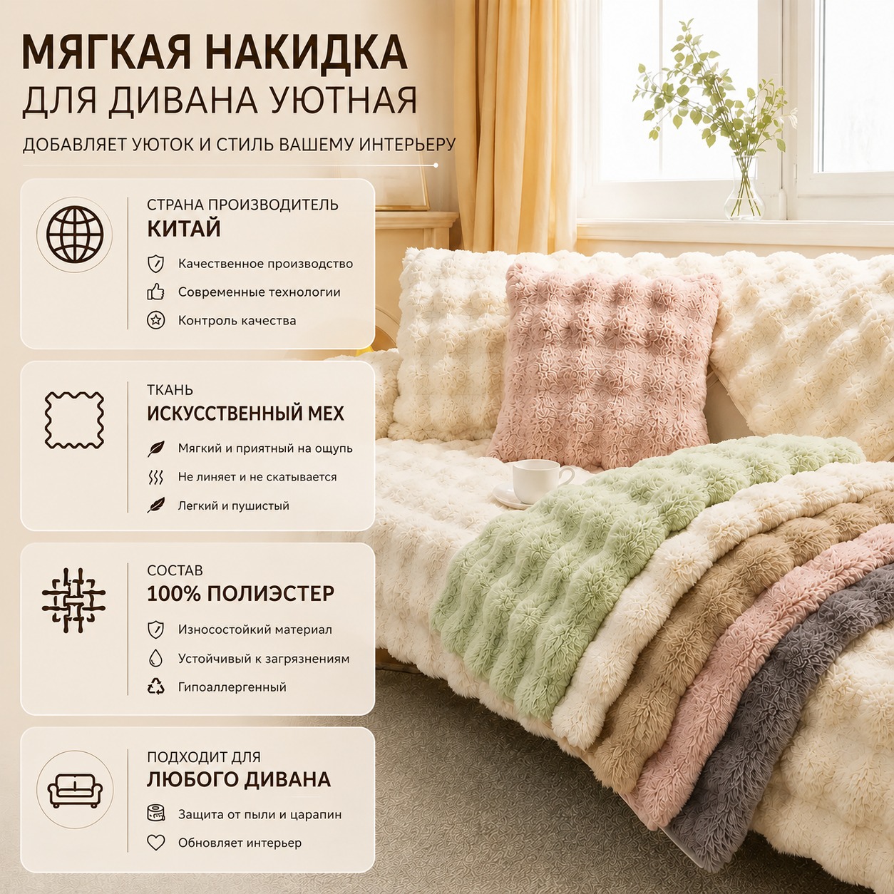 Инфографика Мягкая накидка для дивана меховая Diana Textile