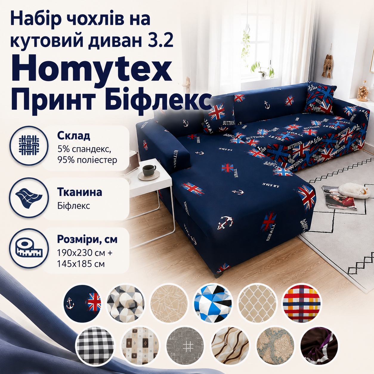 Інфографіка Набір чохлів на кутовий диван 3.2 Homytex Принт Біфлекс, 190x230 см + 145x185 см