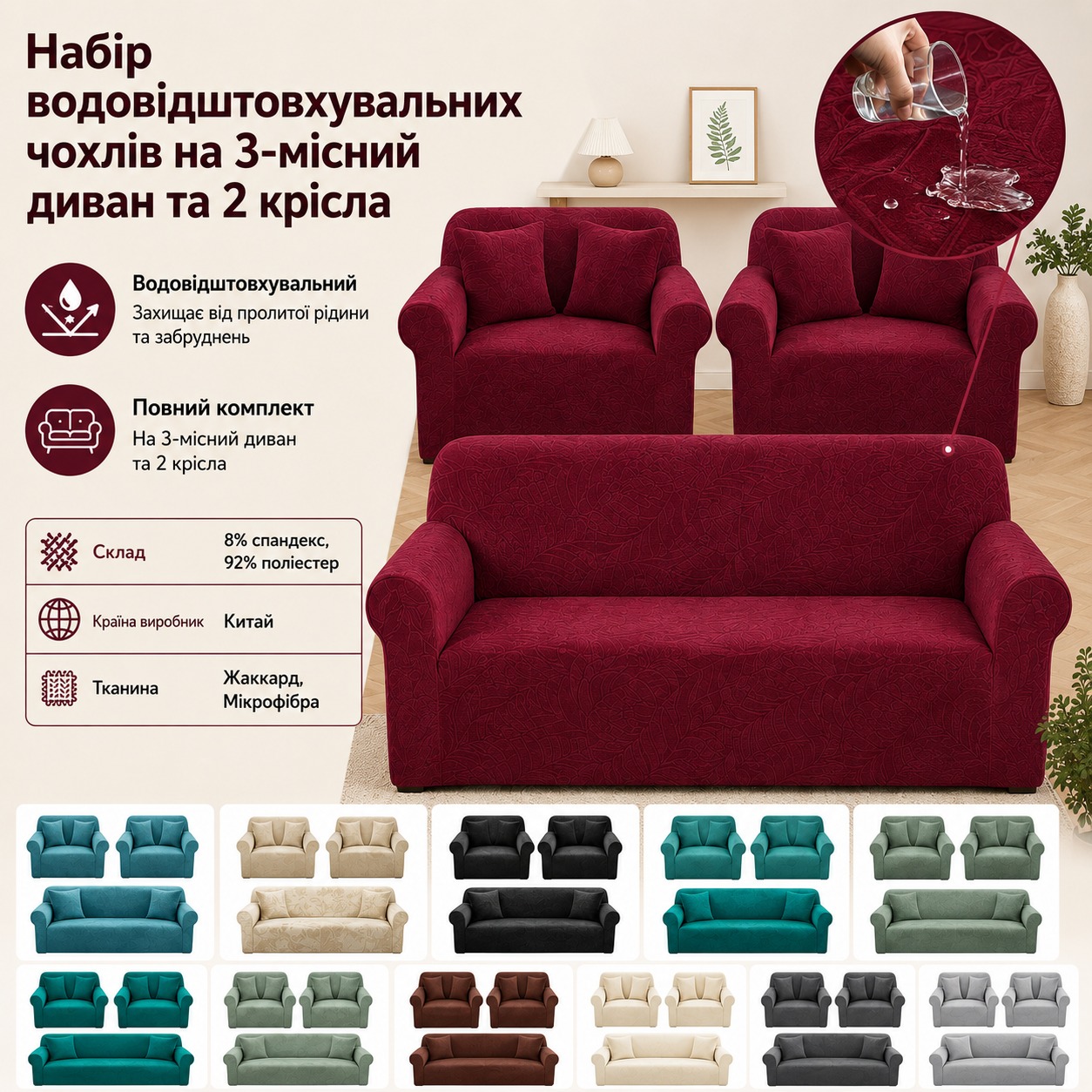 Інфографіка Набір водовідштовхувальних чохлів на 3-місний диван та 2 крісла жакард з візерунком Diana Textile 90x140 см + 190x230 см