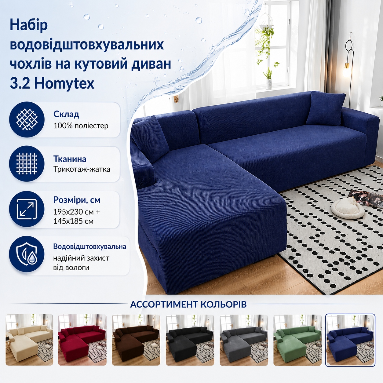 Інфографіка Набір водовідштовхувальних чохлів на кутовий диван 3.2 Homytex, 195x230 см + 145x185 см