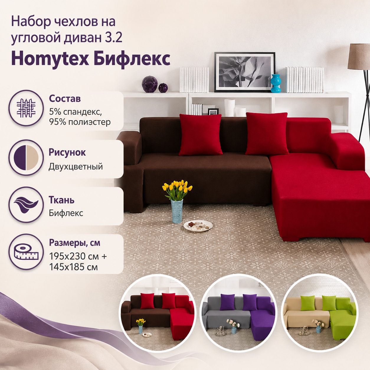 Инфографика Набор чехлов на угловой диван 3.2 Homytex Бифлекс, 195x230 см + 145x185 см