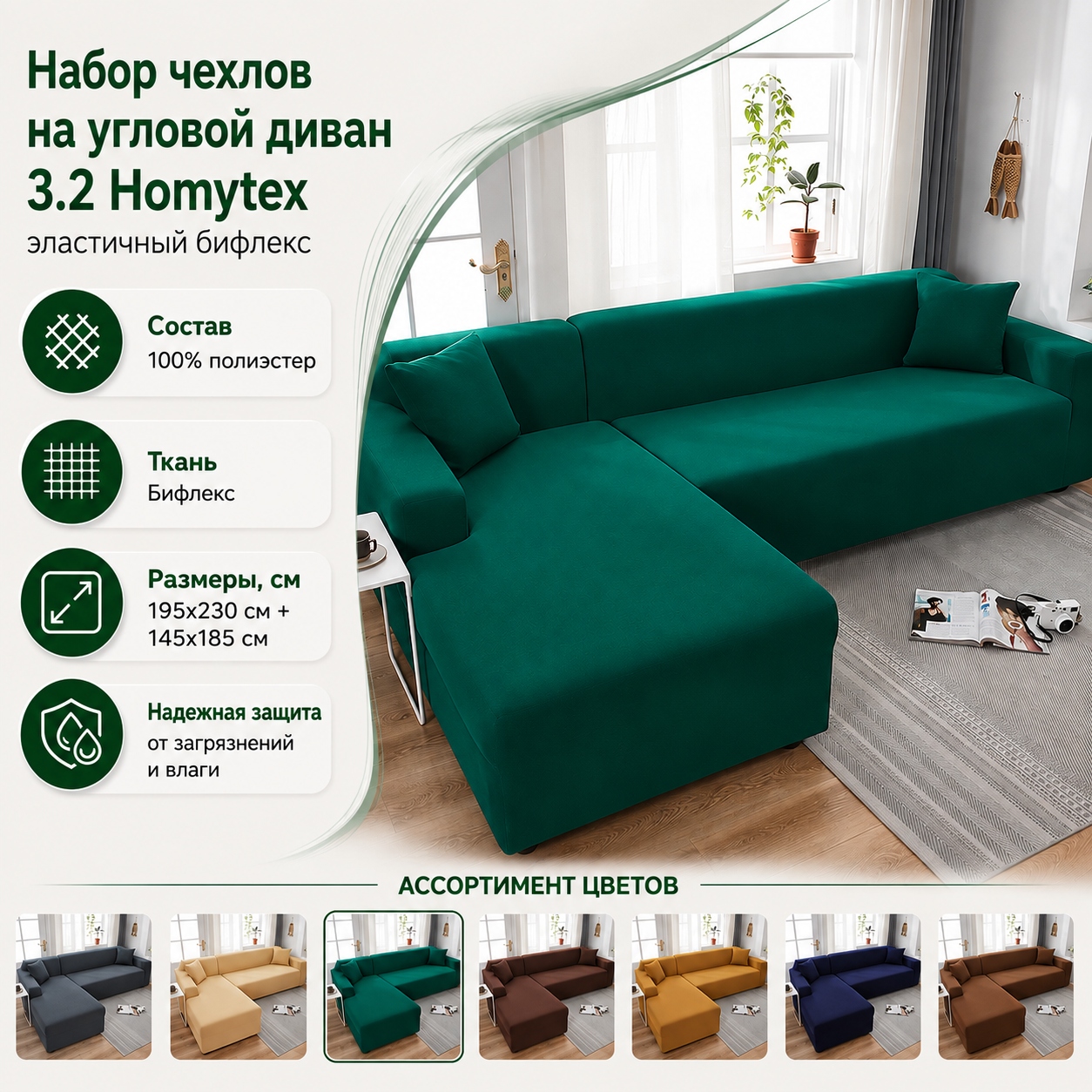 Инфографика Набор чехлов на угловой диван 3.2 Homytex эластичный бифлекс, 195x230 см + 145x185 см