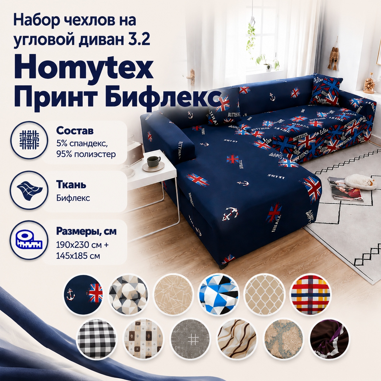 Инфографика Набор чехлов на угловой диван 3.2 Homytex Принт Бифлекс, 190x230 см + 145x185 см