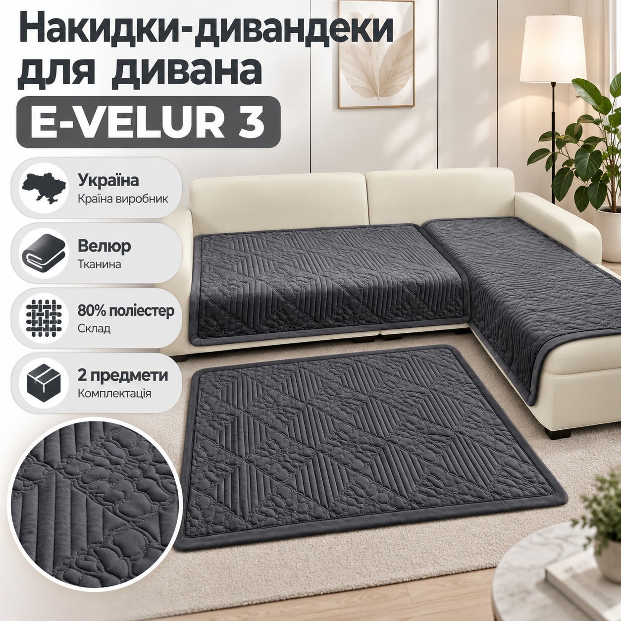 Інфографіка Накидки-дивандеки для дивана E-VELUR 3 Home Textile 865244, Темно-сірий, 90x160 см + 90x210 см