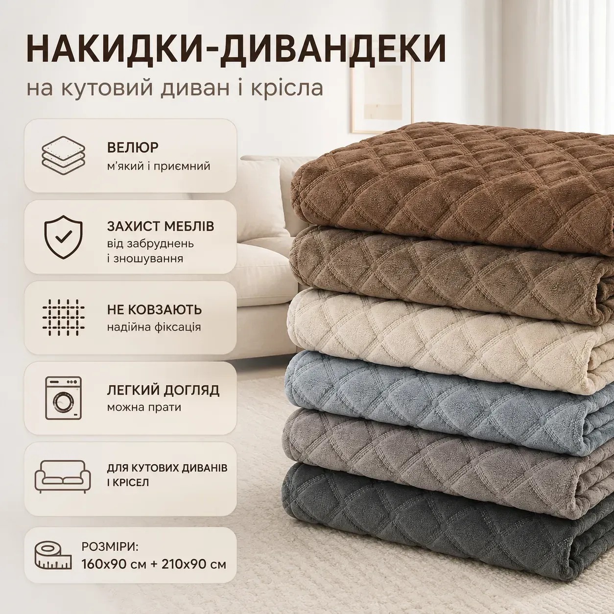 Інфографіка Накидки-дивандеки на кутовий диван і крісла, багатофункціональні 3 полотна