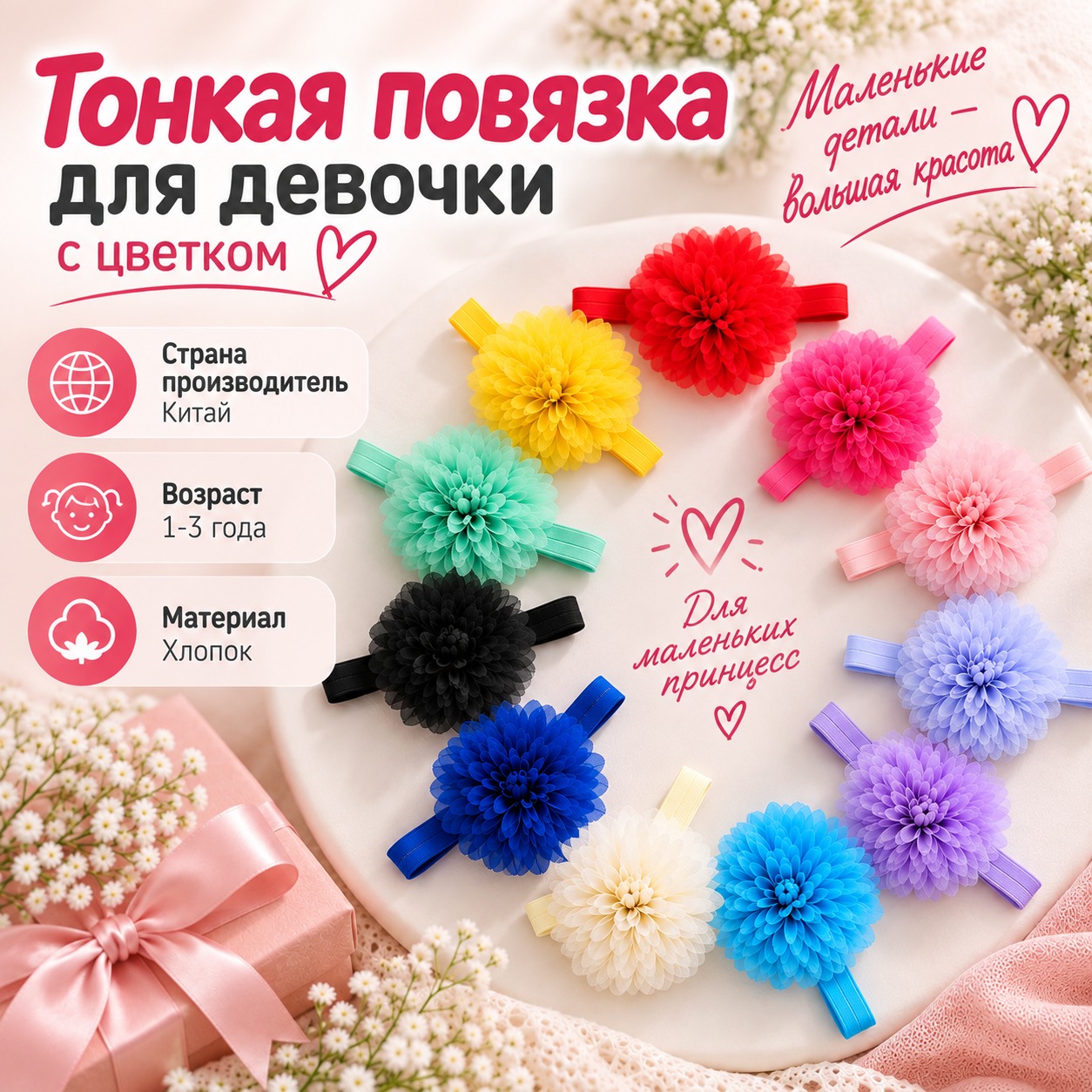 Инфографика онкая повязка для девочки 1-3 лет с цветком