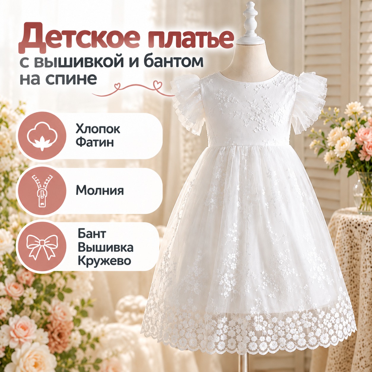 Инфографика Платье детское с вышивкой и бантом на спине