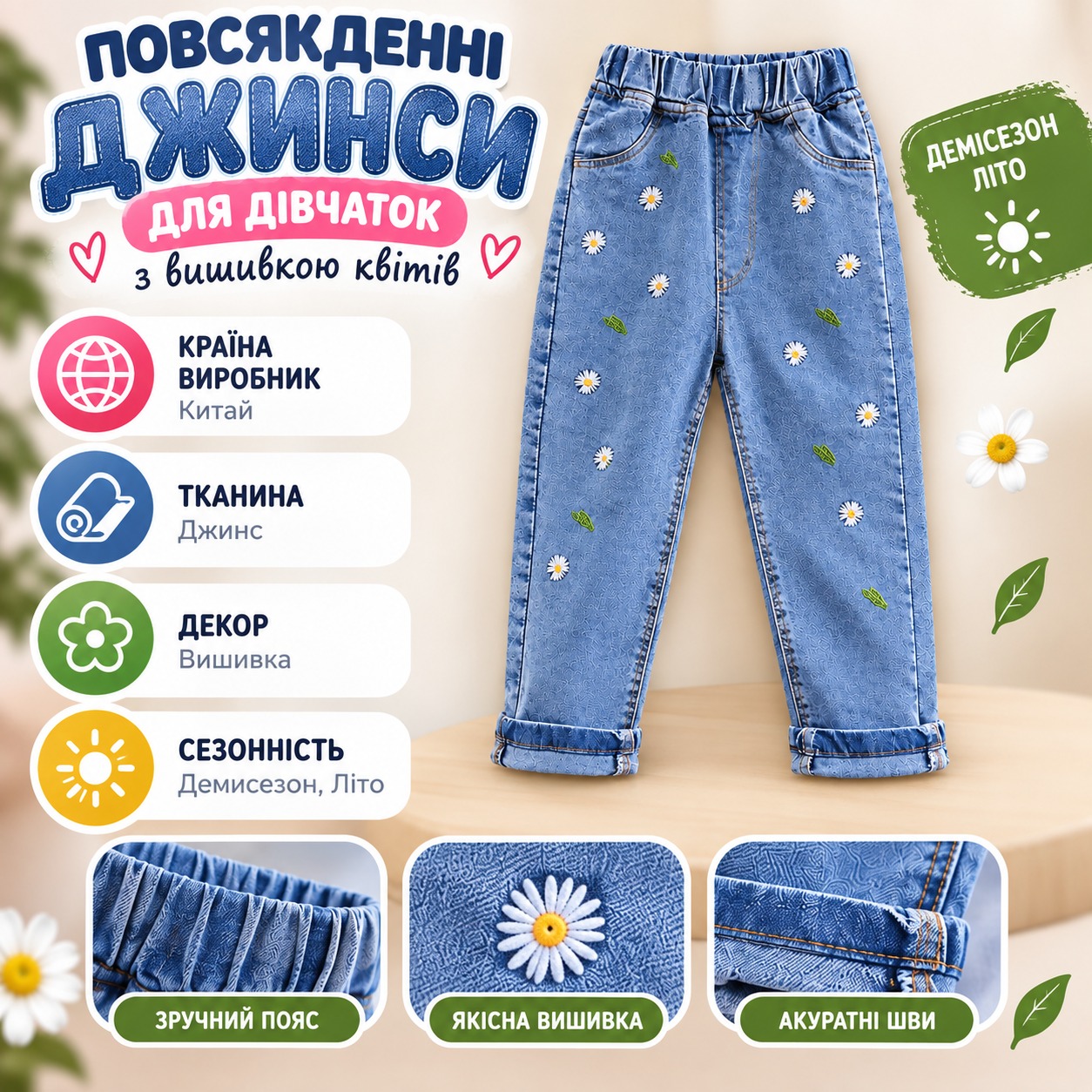 Інфографіка Повсякденні джинси для дівчаток, дитячі джинси з вишивкою квітів