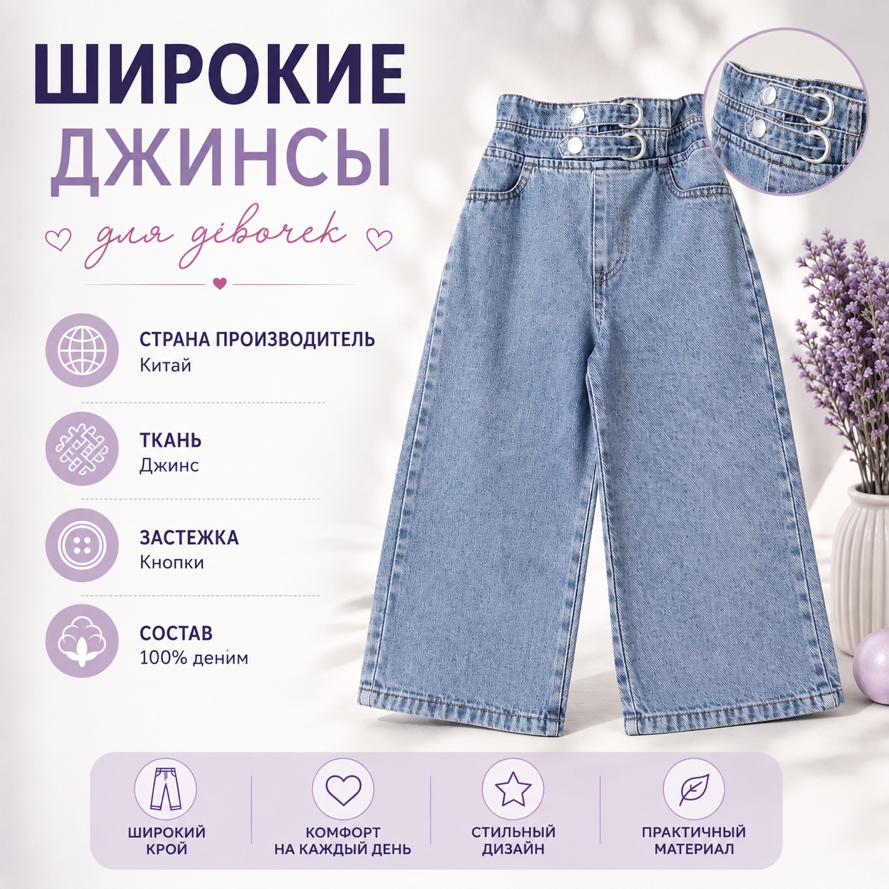 Инфографика Широкие джинсы для девочек Diana Textile