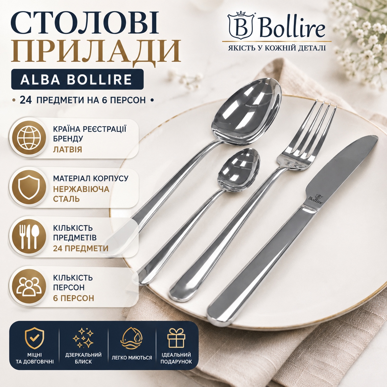 Інфографіка Столові прилади ALBA BOLLIRE 24 предмети