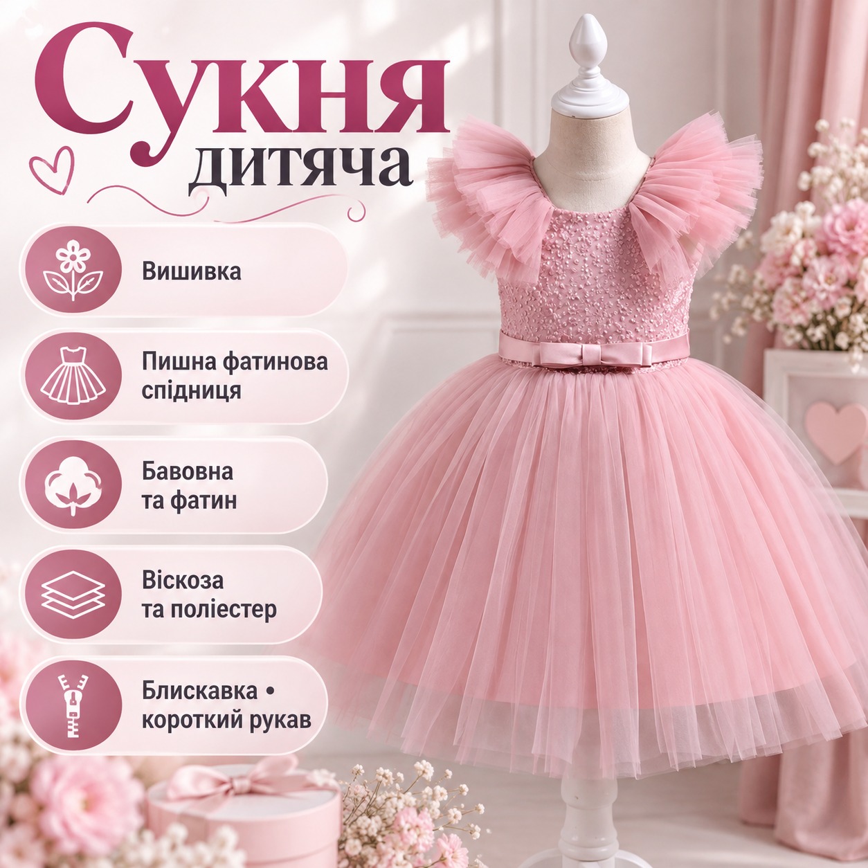 Інфографіка Сукня дитяча з вишивкою і пишною фатиновою спідницею