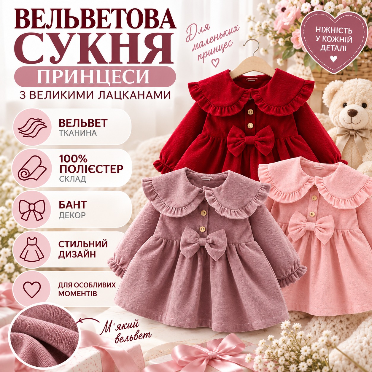 Інфографіка Вельветова сукня принцеси з великими лацканами