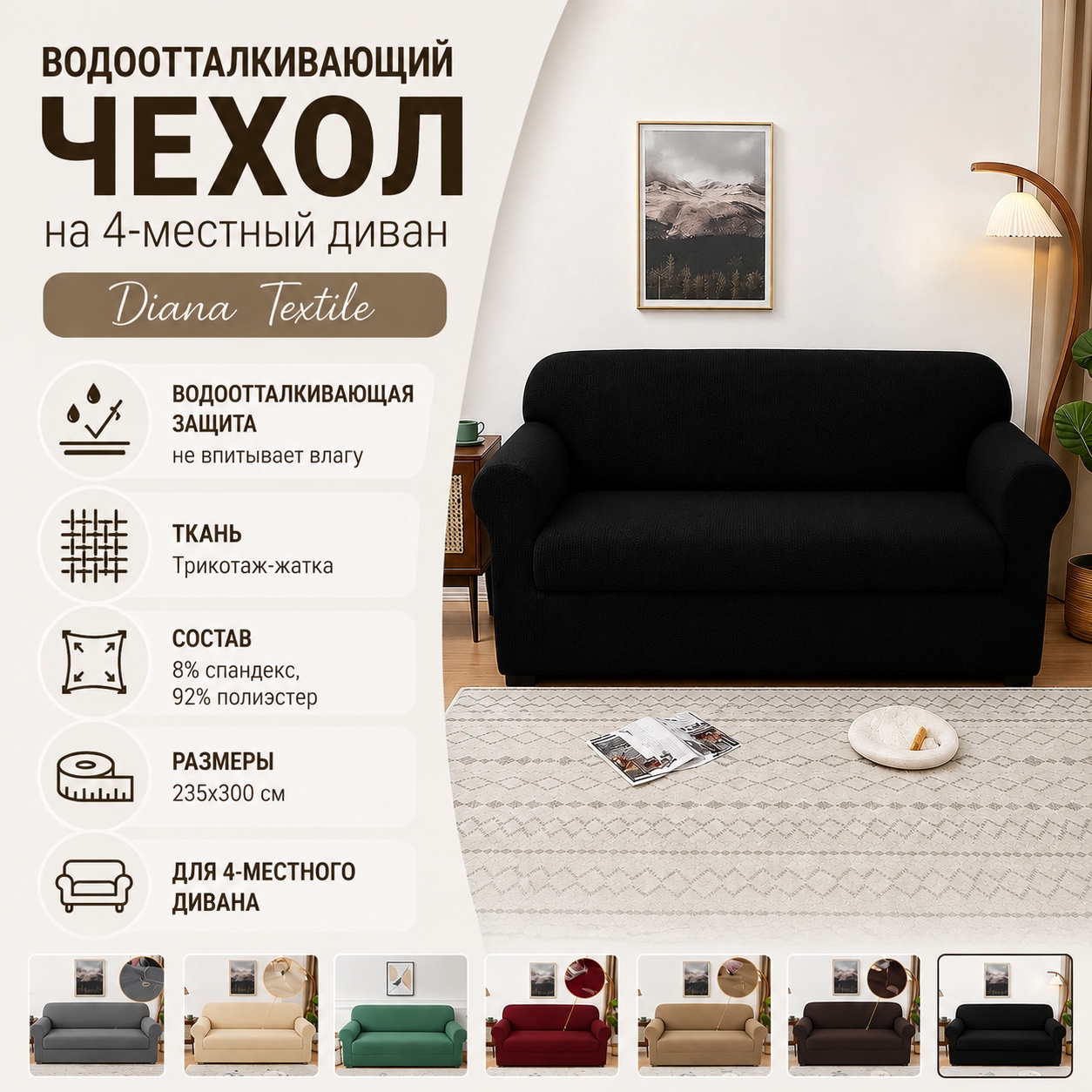 Инфографика Водоотталкивающий чехол на 4-местный диван трикотаж жатка Diana Textile