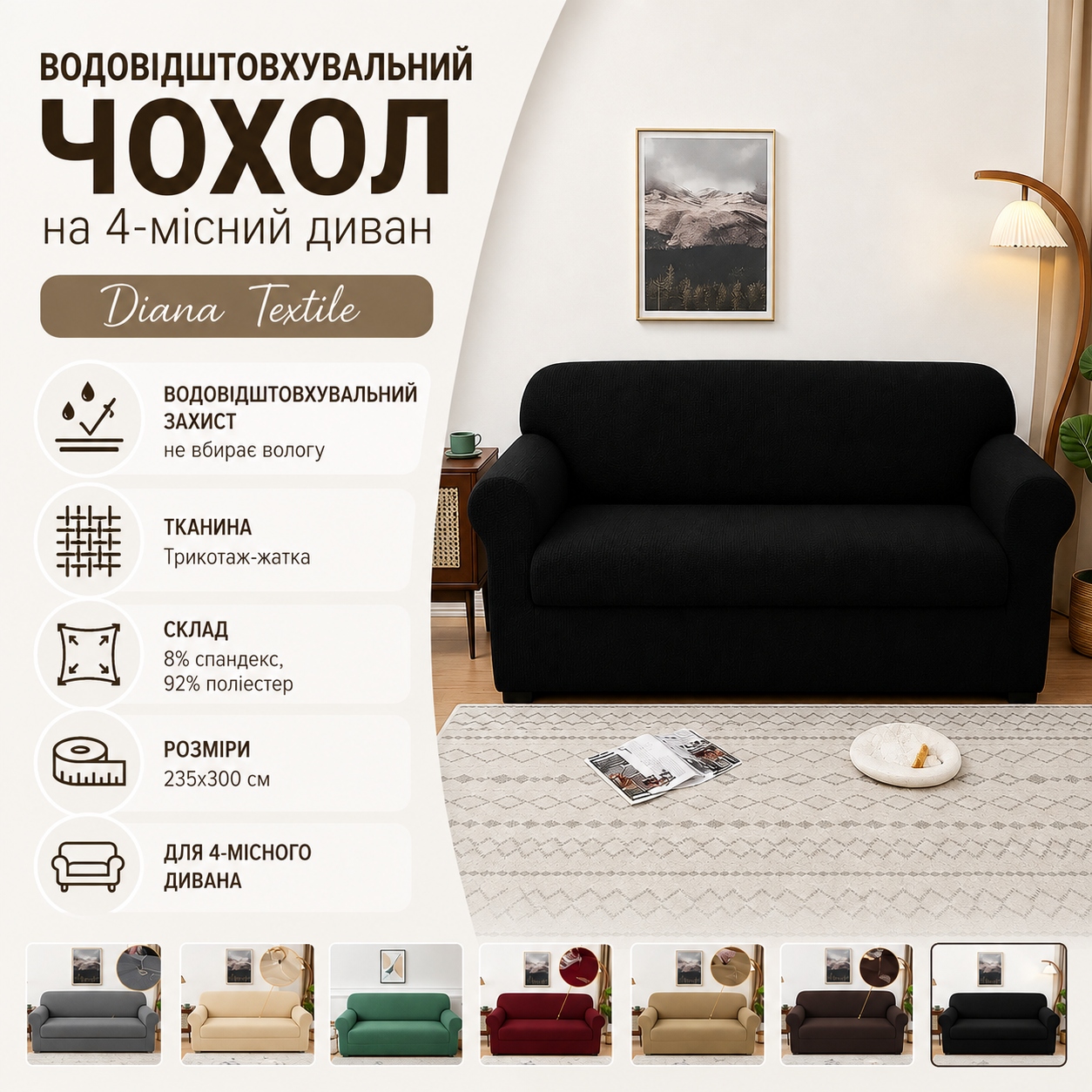 Інфографіка Водовідштовхувальний чохол на 4-місний диван трикотаж жатка Diana Textile