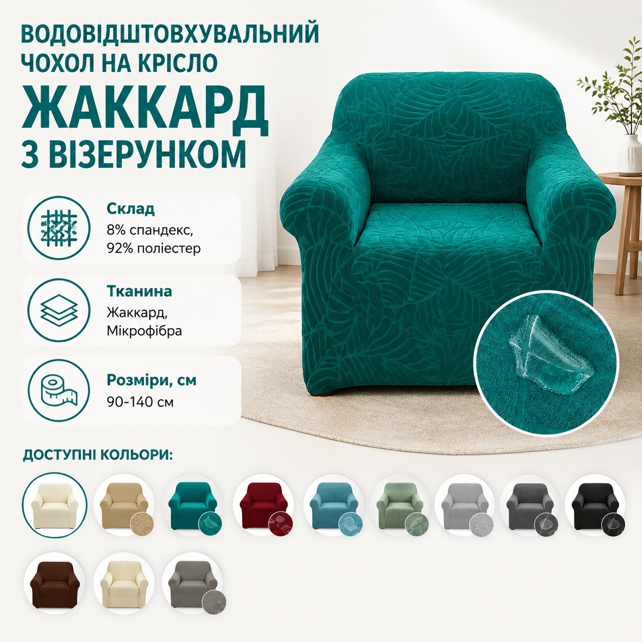 Інфографіка Водовідштовхувальний чохол на крісло Жаккард з візерунком 90-140 см
