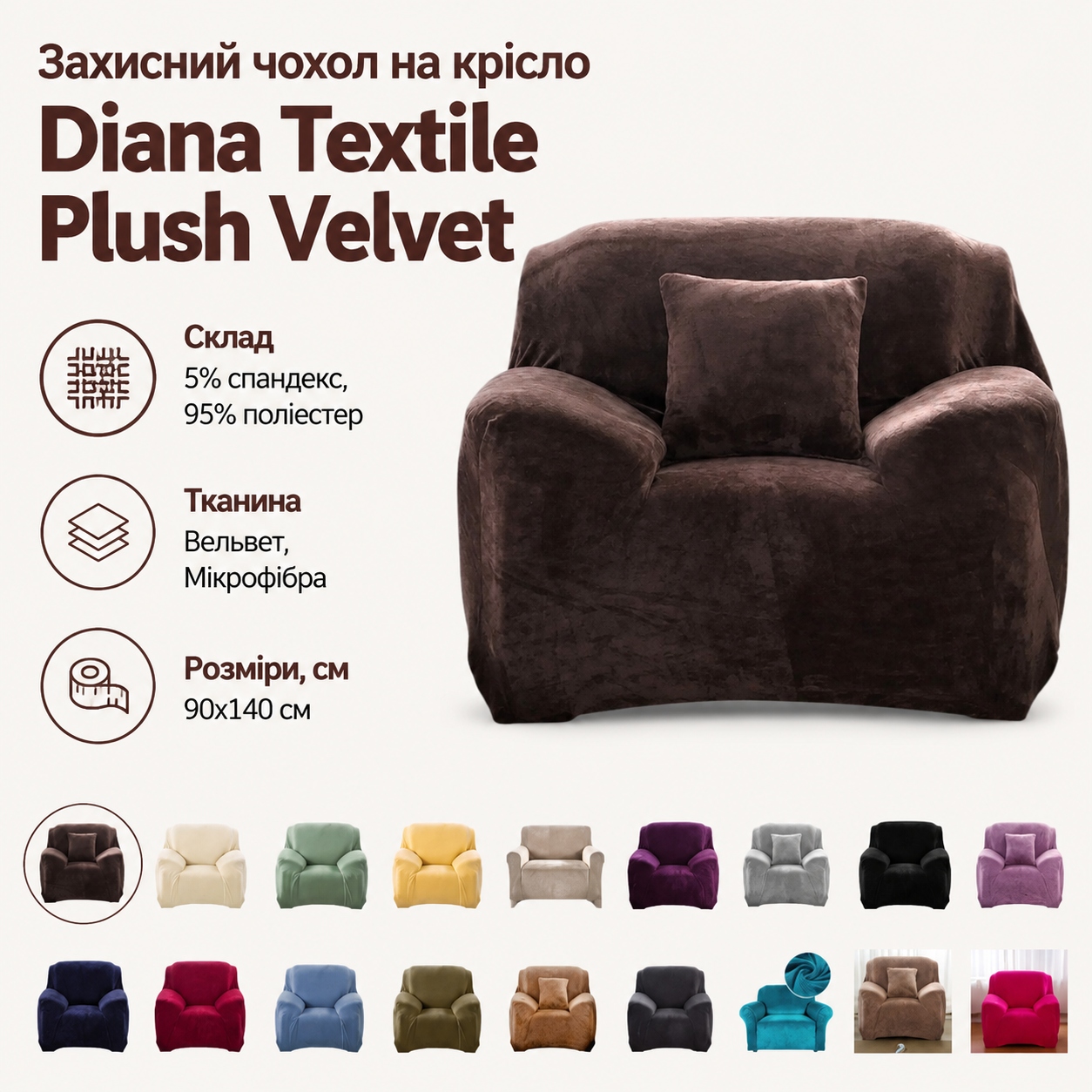 Інфографіка Захисний чохол на крісло Diana Textile Plush Velvet 90-140 см