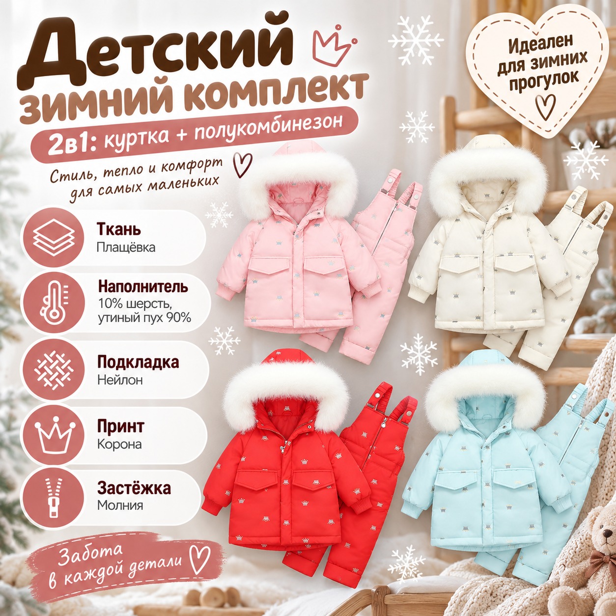 Инфографика Детский зимний комплект с коронами 2в1, куртка + полукомбинезон